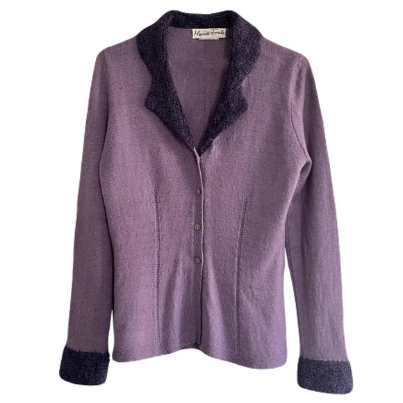 Vintage Marion Foale Hand-Knit Wool-Blend Purple Chenille-Trim Cardigan, Size M - Picture 1 of 4